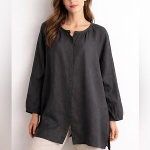 Eileen Fisher L Black Irish Linen Tunic with Slits Relaxed Fit Button Up Top NEW